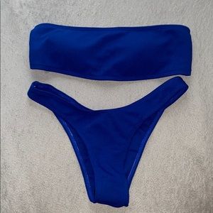 Lace Up Bandeau Top With Ribbed Bikini Set